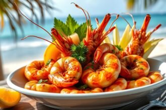 Friss garnélarák tál tengerparti háttérrel Kribiben