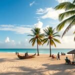 Kribi tengerparti táj a Kamerun Riviéráján, pálmafákkal és nyugodt vízzel.