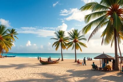 Kribi tengerparti táj a Kamerun Riviéráján, pálmafákkal és nyugodt vízzel.
