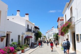 Séta Albufeira Óvárosában, fehér házakkal és virágos erkélyekkel.