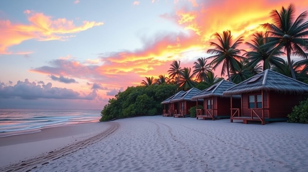 Tengerparti bungalók naplementében Kribiben, Kamerunban.