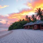 Tengerparti bungalók naplementében Kribiben, Kamerunban.