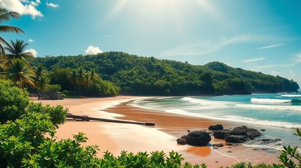 Kribi tengerpart a napfényben és zöld dombokkal