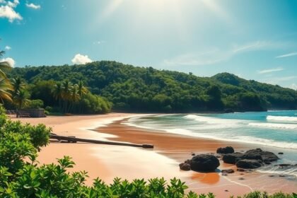 Kribi tengerpart a napfényben és zöld dombokkal