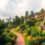 A Limbé Botanikus Kert gyönyörű tája pálmákkal és virágzó növényekkel.