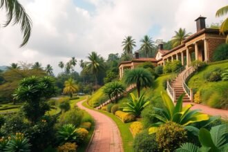 A Limbé Botanikus Kert gyönyörű tája pálmákkal és virágzó növényekkel.
