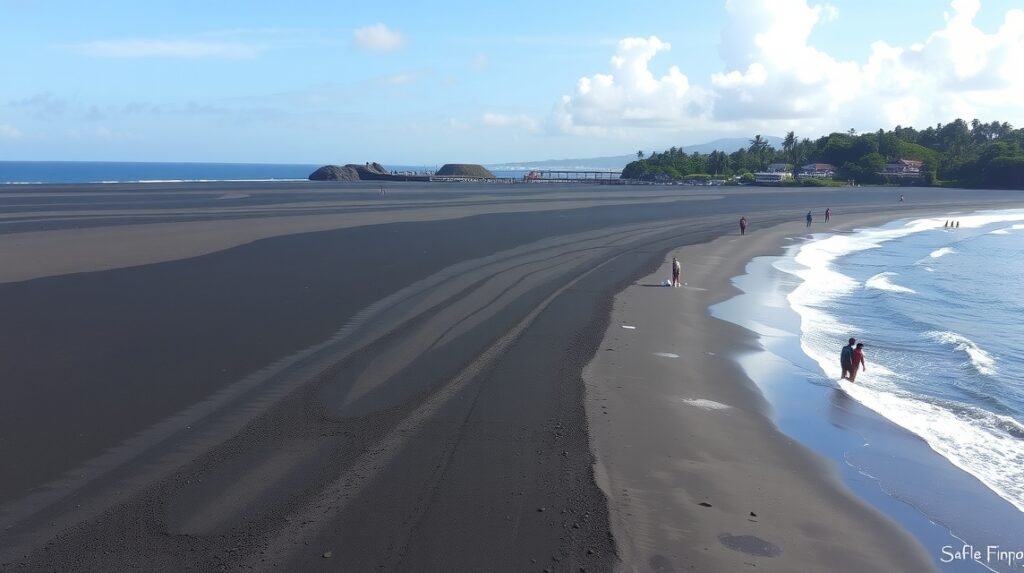 Limbé Down Beach fekete vulkáni homokja és pálmafái.
