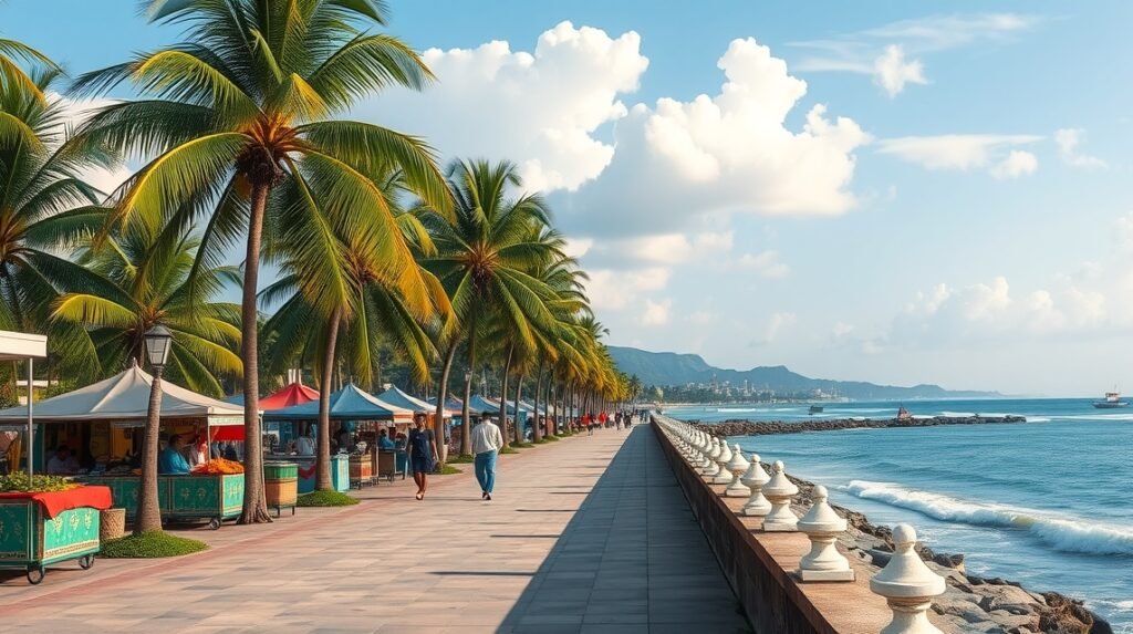 Limbé tengerparti sétány pálmafákkal és piaccal Kamerunban