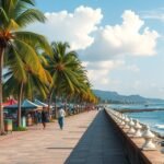 Limbé tengerparti sétány pálmafákkal és piaccal Kamerunban