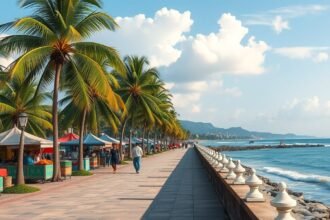 Limbé tengerparti sétány pálmafákkal és piaccal Kamerunban