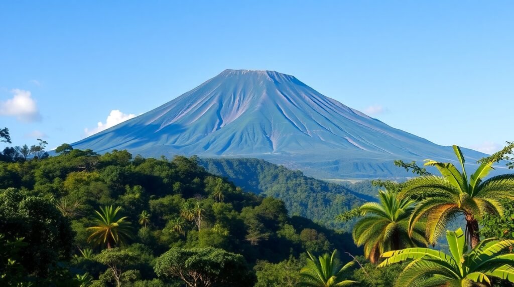 Kamerun-hegy látványa fekete homokos partokkal és pálmákkal
