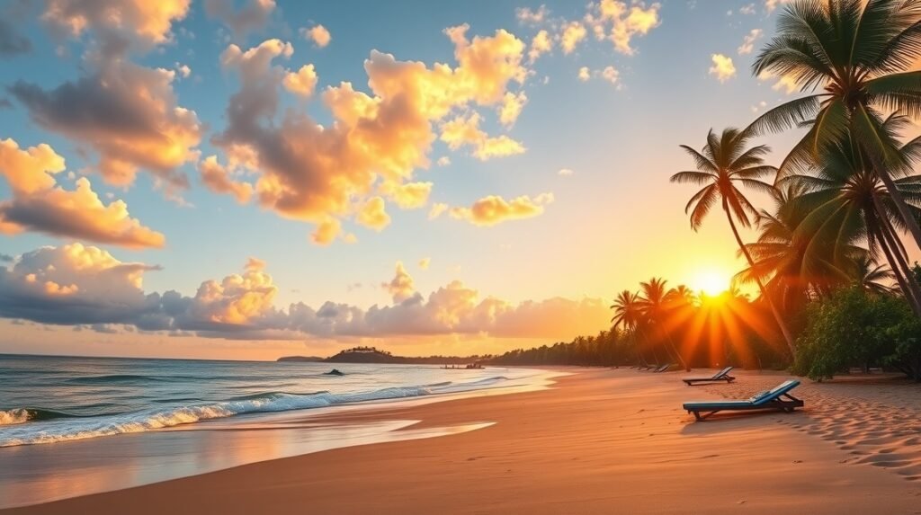 Mile 6 Beach naplemente pálmafákkal és homokos parttal Limbében