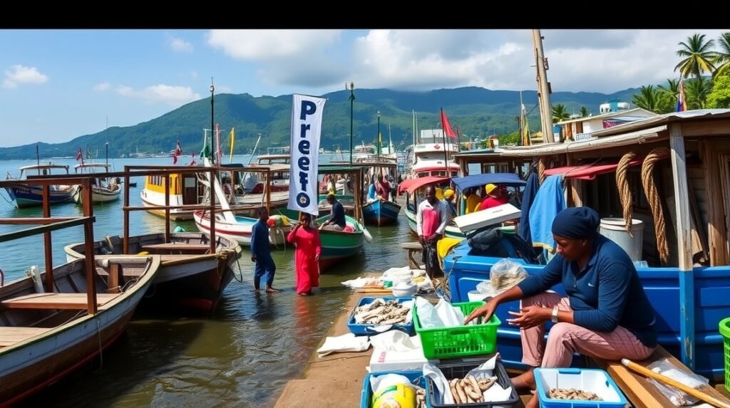 Közösségi halászkikötő Limbében, színes halárusokkal és mólóval.