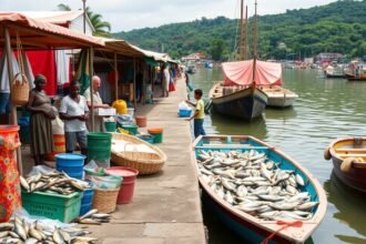 Idenau kikötője friss füstölt halakkal és helyi piacokkal Limbében