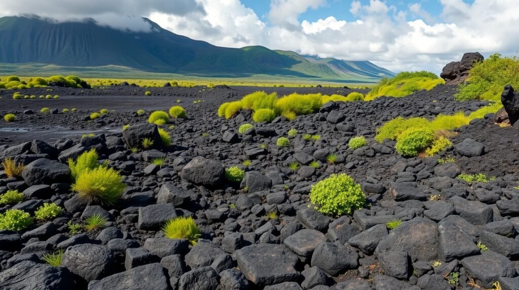 Bakingili lávafolyás fekete sziklái és zöld növények Kamerunban