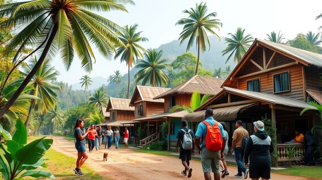 Séta a Jungle Village negyedben, pálmafák és helyi lakosok társaságában.