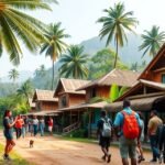 Séta a Jungle Village negyedben, pálmafák és helyi lakosok társaságában.