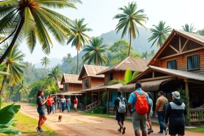 Séta a Jungle Village negyedben, pálmafák és helyi lakosok társaságában.