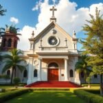 A Holy Family Katedrális Limbében, gyönyörű építészettel és zöld környezettel.