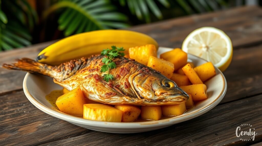 Ropogós sült hal és főzőbanán tálalva, friss ízekkel