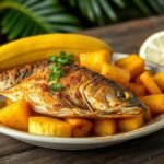 Ropogós sült hal és főzőbanán tálalva, friss ízekkel