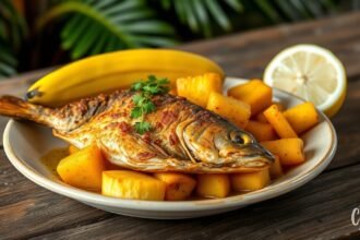 Ropogós sült hal és főzőbanán tálalva, friss ízekkel