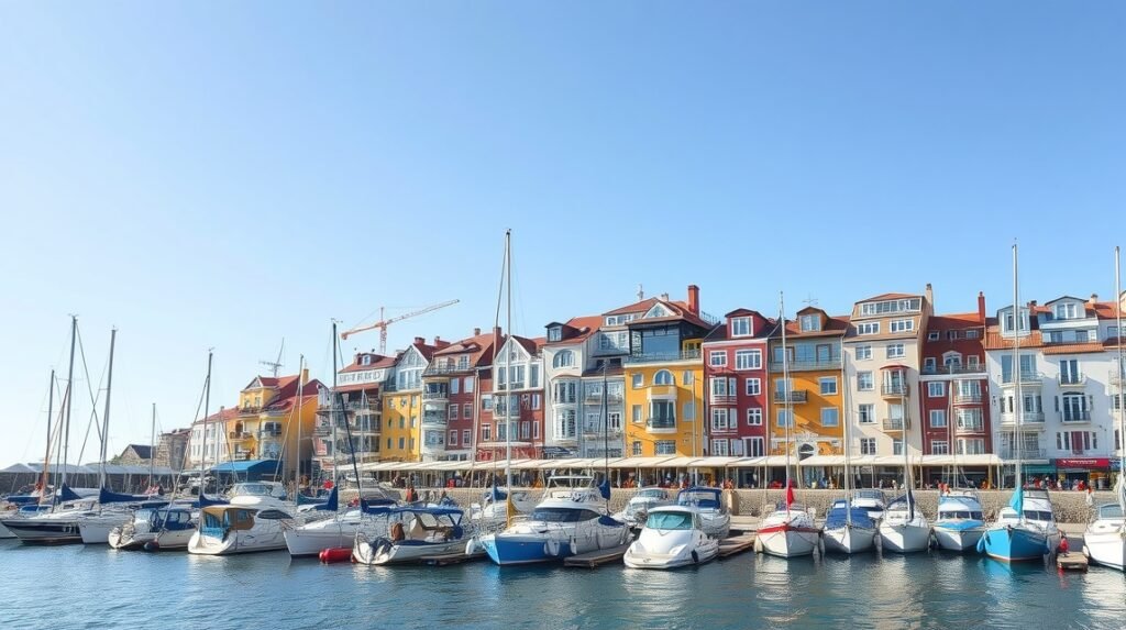 Albufeira Marina színes házakkal és csónakokkal