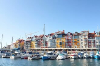 Albufeira Marina színes házakkal és csónakokkal