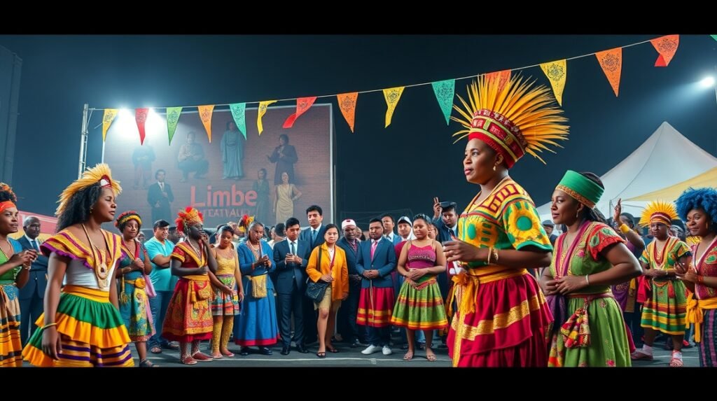 Limbé FESTAC kulturális fesztivál színes táncosai és közönsége