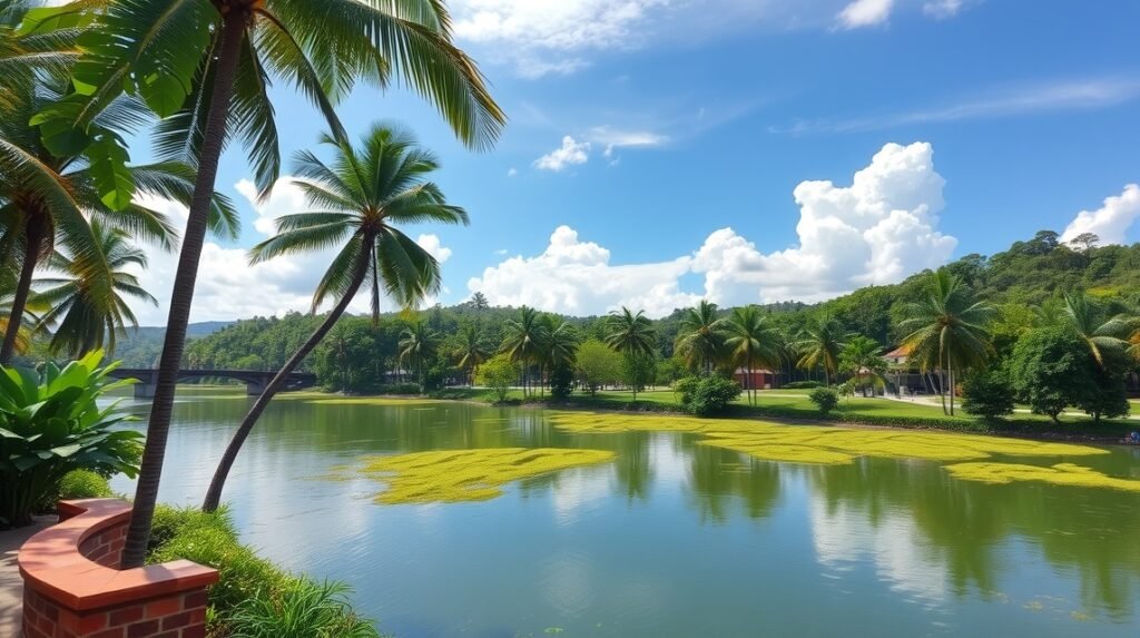 Trópusi táj pálmákkal és vízzel Limbében, Kamerunban.