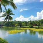 Trópusi táj pálmákkal és vízzel Limbében, Kamerunban.