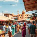 Bertoua központi piacának forgataga friss alapanyagokkal és fűszerekkel.