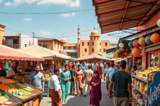 Bertoua központi piacának forgataga friss alapanyagokkal és fűszerekkel.