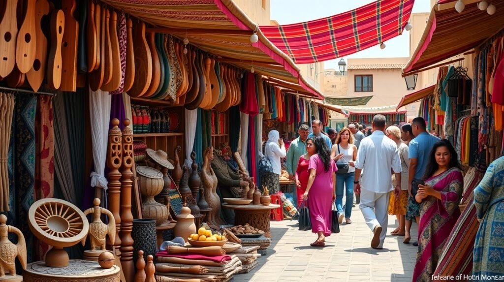 Kézműves piac Bertouában, fafaragások és helyi árusok között.