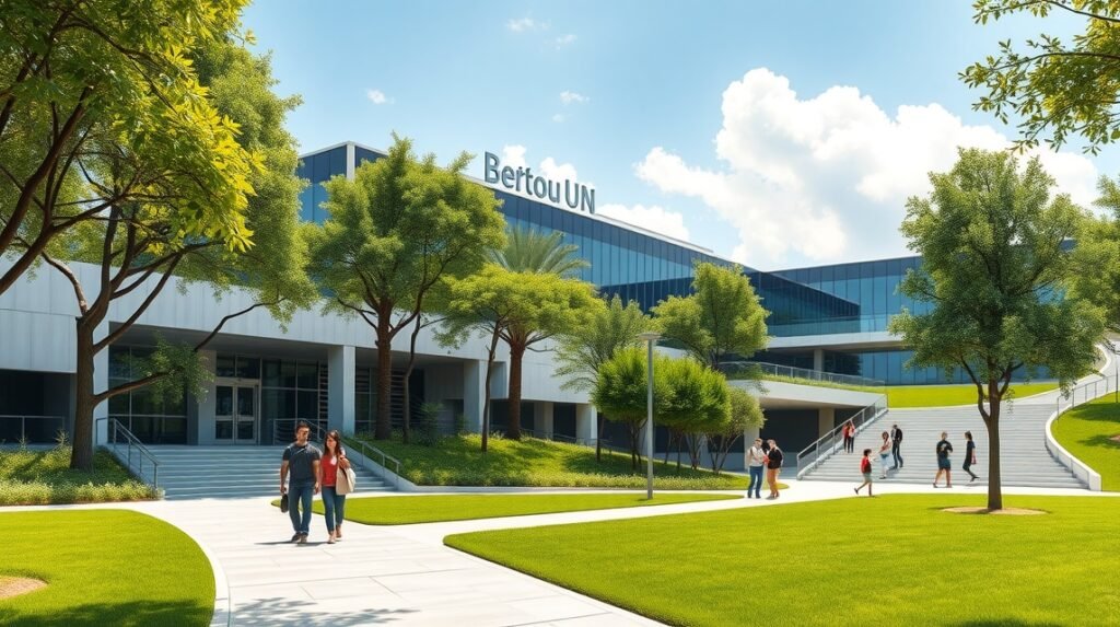 A Bertoua Egyetem modern kampusza zöld környezetben diákokkal.