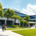 A Bertoua Egyetem modern kampusza zöld környezetben diákokkal.