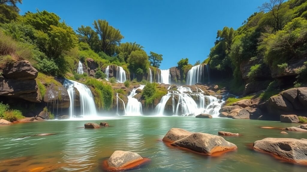 Yadémé-vízesés Bertoua közelében, természetes vízesések és zöldellő dzsungel.