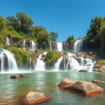 Yadémé-vízesés Bertoua közelében, természetes vízesések és zöldellő dzsungel.