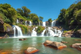 Yadémé-vízesés Bertoua közelében, természetes vízesések és zöldellő dzsungel.