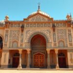 Bertoua mecset színes és részletes építészeti elemekkel.