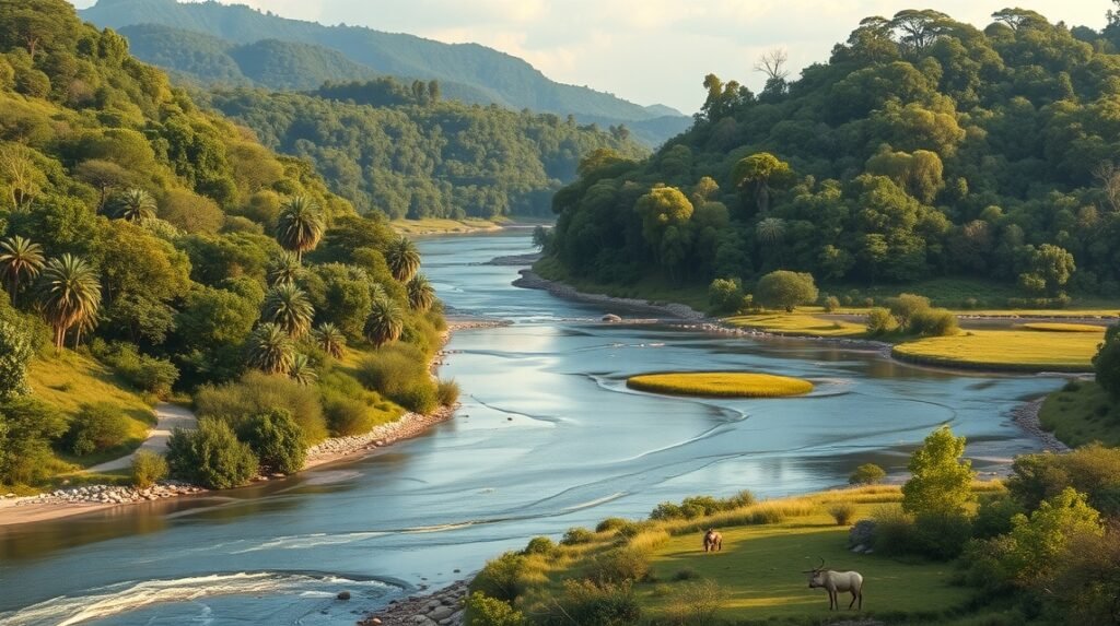 Deng Deng Nemzeti Park tája, zöld erdők és folyó