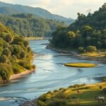 Deng Deng Nemzeti Park tája, zöld erdők és folyó