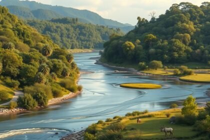 Deng Deng Nemzeti Park tája, zöld erdők és folyó