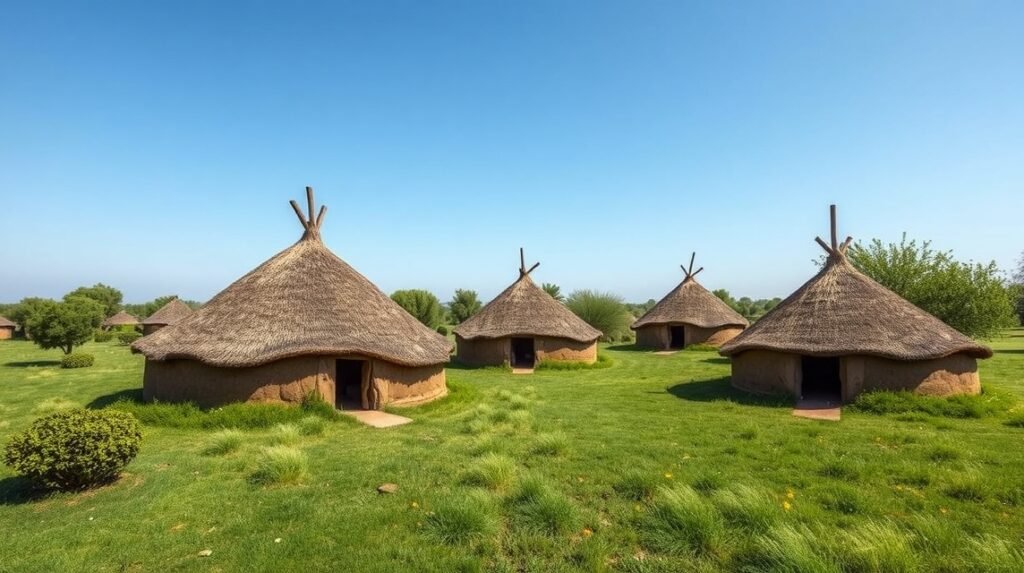 Hagyományos sárkunyhók Bertoua külvárosában, zöld fűvel körülvéve.
