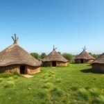 Hagyományos sárkunyhók Bertoua külvárosában, zöld fűvel körülvéve.