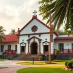 Bertoua katolikus misszió épületegyüttese zöld környezetben, gyönyörű fénnyel.