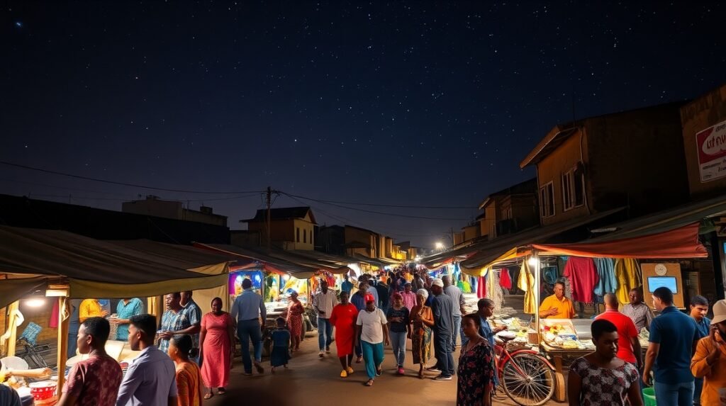 Bertoua éjszakai piaca a Mokolo negyedben, helyi kultúra
