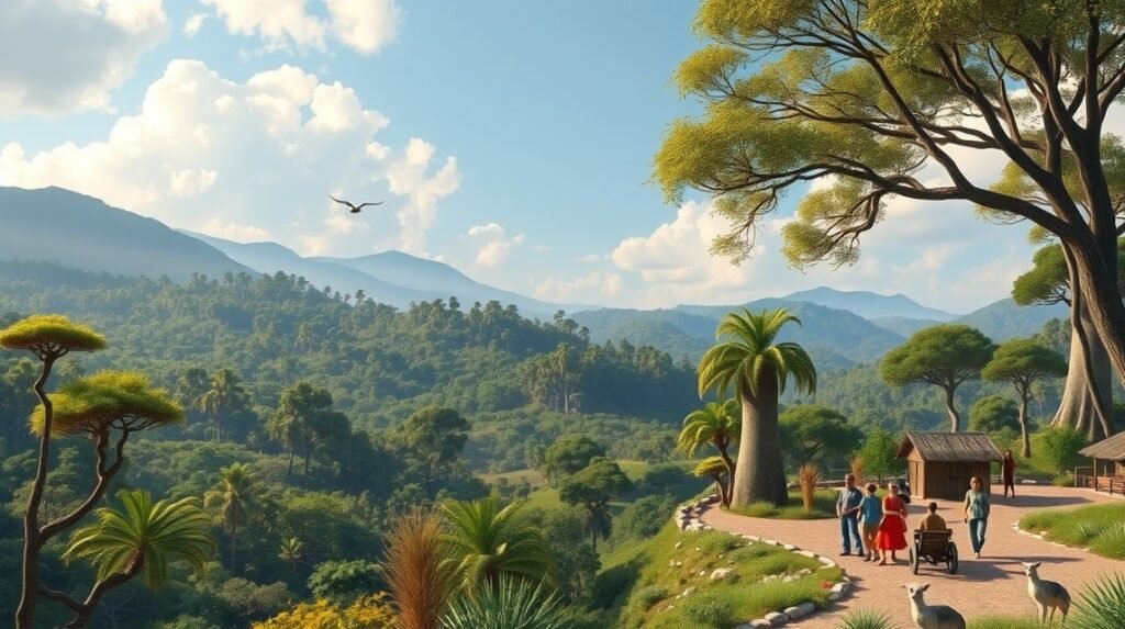 Bertoua tája trópusi növényekkel és hegyekkel.