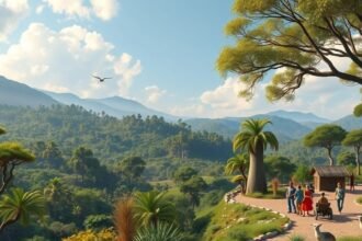 Bertoua tája trópusi növényekkel és hegyekkel.