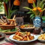 Bertoua ínycsiklandó vadhús és manióka ételek, gazdag színekben